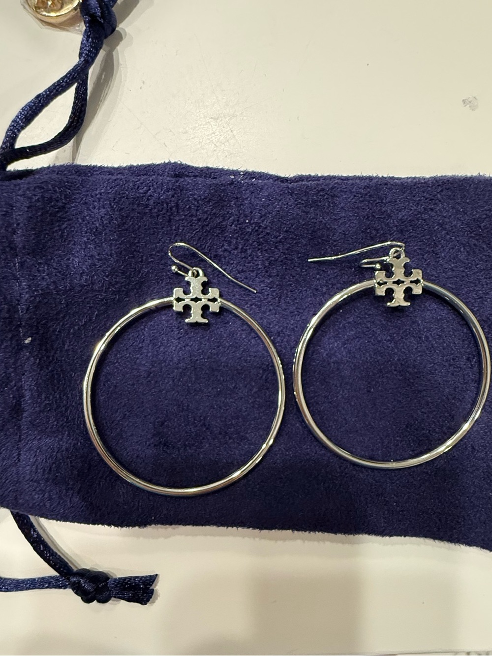 Tory Burch Silver Hoop Earrings with Logo Charm - Picture 2 of 4